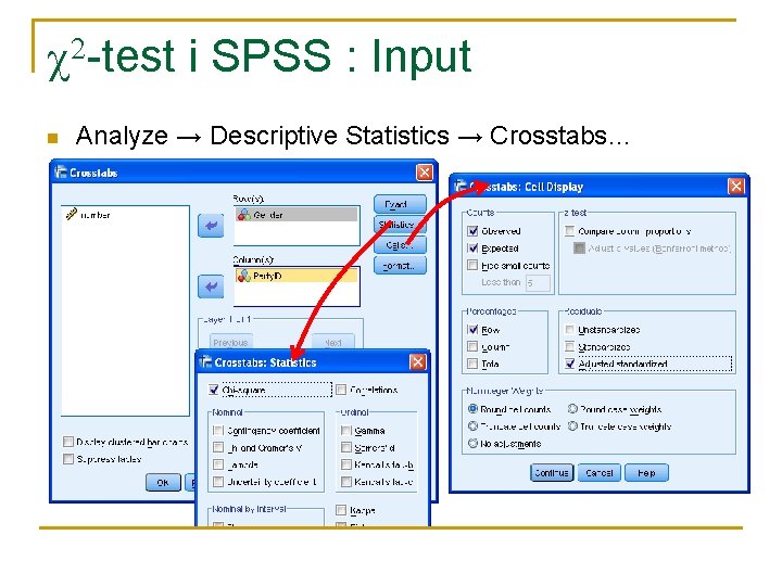 c 2 -test i SPSS : Input n Analyze → Descriptive Statistics → Crosstabs…