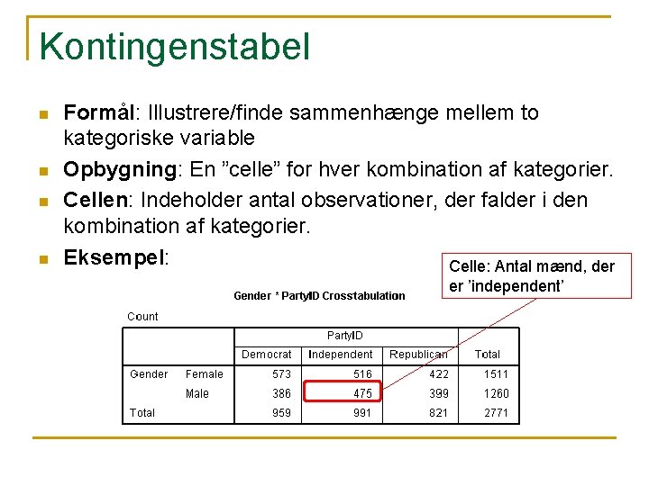 Kontingenstabel n n Formål: Illustrere/finde sammenhænge mellem to kategoriske variable Opbygning: En ”celle” for