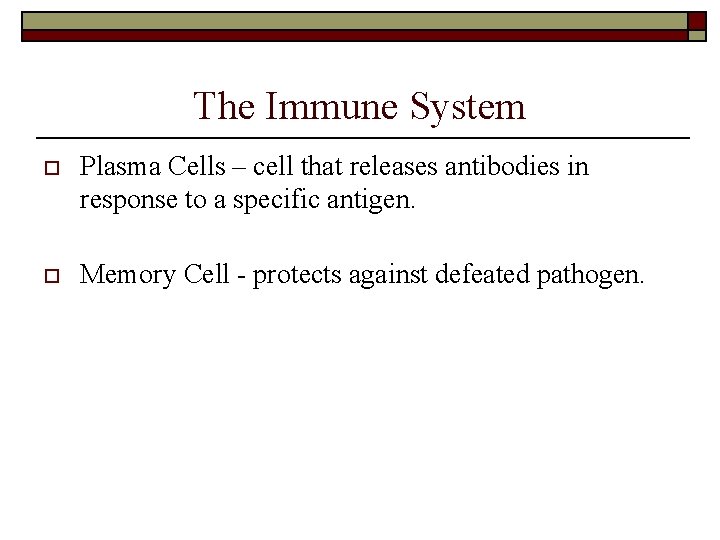 The Immune System o Plasma Cells – cell that releases antibodies in response to The Immune System o Plasma Cells – cell that releases antibodies in response to