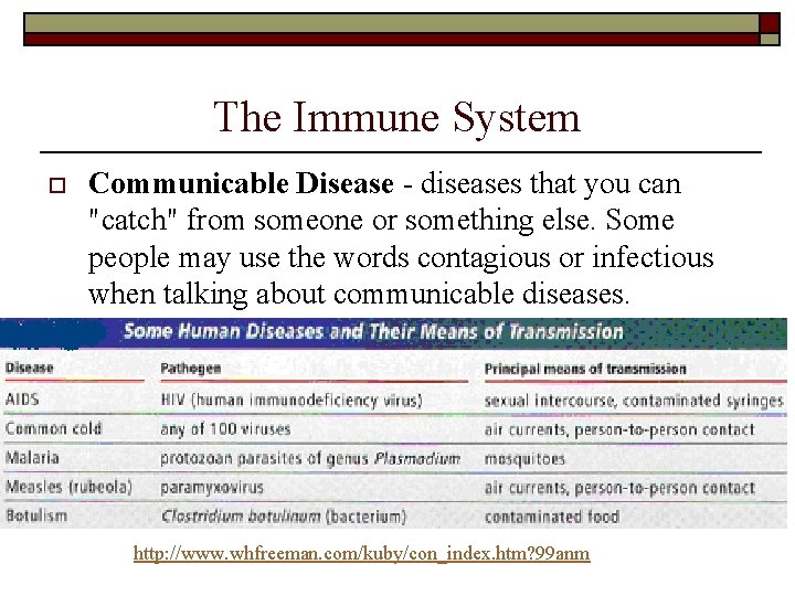 The Immune System o Communicable Disease - diseases that you can "catch" from someone The Immune System o Communicable Disease - diseases that you can "catch" from someone