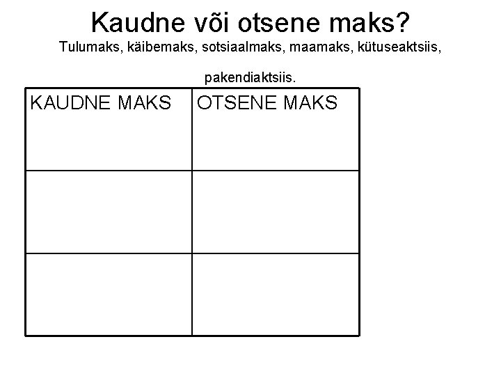 Kaudne või otsene maks? Tulumaks, käibemaks, sotsiaalmaks, maamaks, kütuseaktsiis, pakendiaktsiis. KAUDNE MAKS OTSENE MAKS