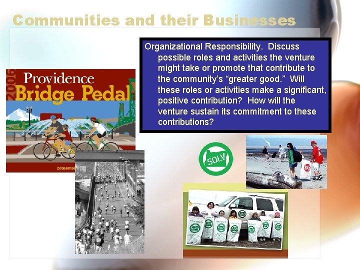 Communities and their Businesses Organizational Responsibility. Discuss possible roles and activities the venture might
