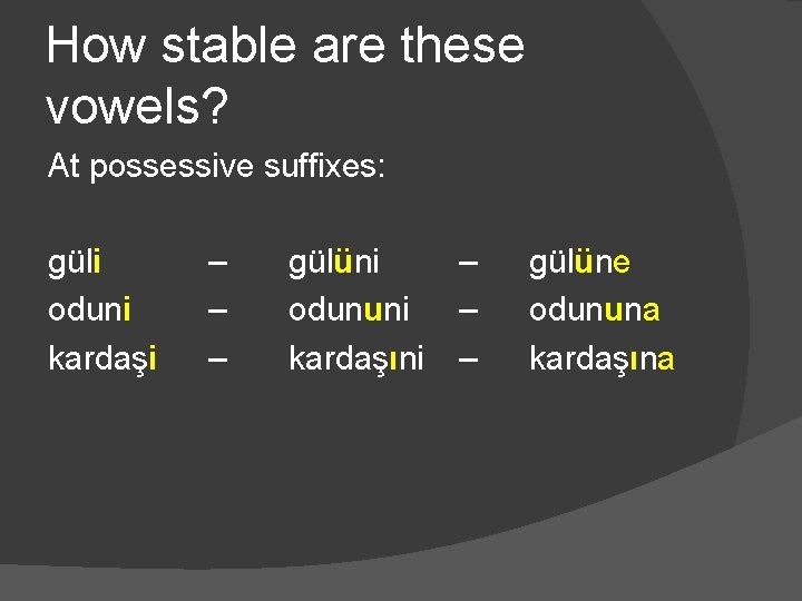 How stable are these vowels? At possessive suffixes: güli oduni kardaşi – – –