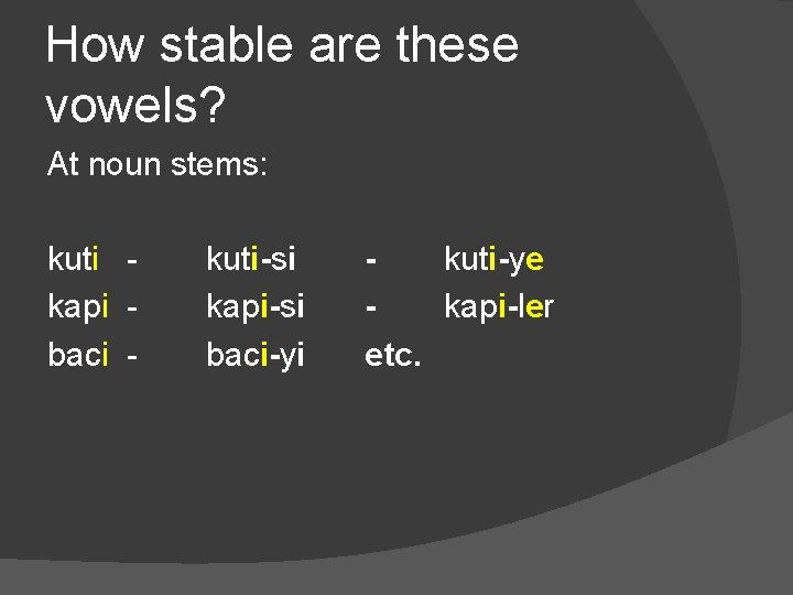 How stable are these vowels? At noun stems: kuti kapi baci - kuti-si kapi-si