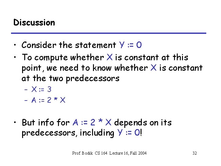 Discussion • Consider the statement Y : = 0 • To compute whether X