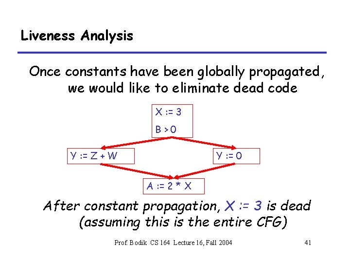 Liveness Analysis Once constants have been globally propagated, we would like to eliminate dead