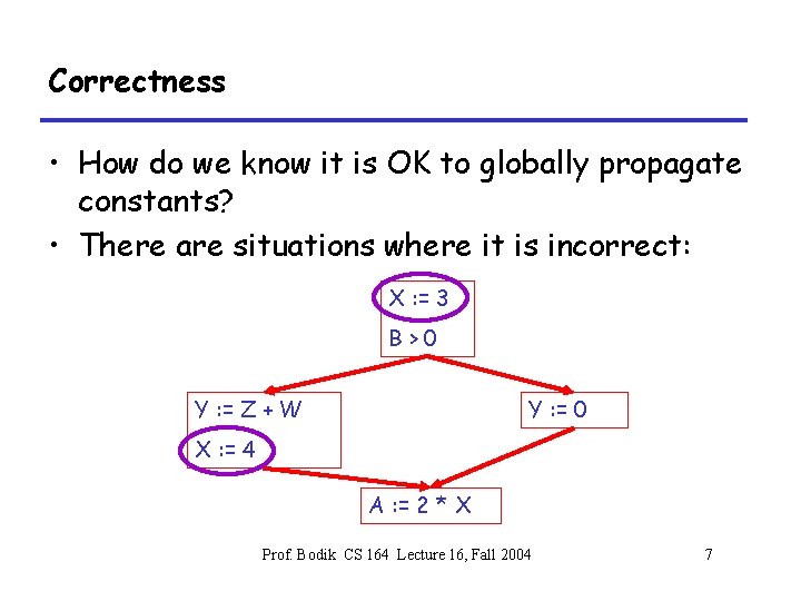 Correctness • How do we know it is OK to globally propagate constants? •