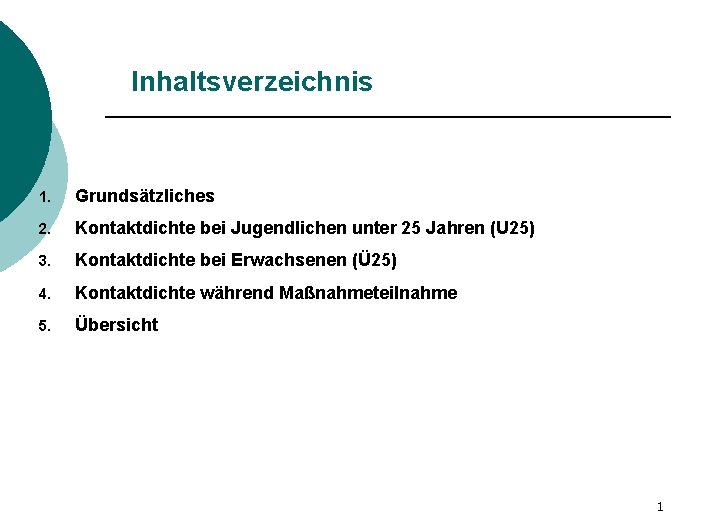 Inhaltsverzeichnis 1. Grundsätzliches 2. Kontaktdichte bei Jugendlichen unter 25 Jahren (U 25) 3. Kontaktdichte