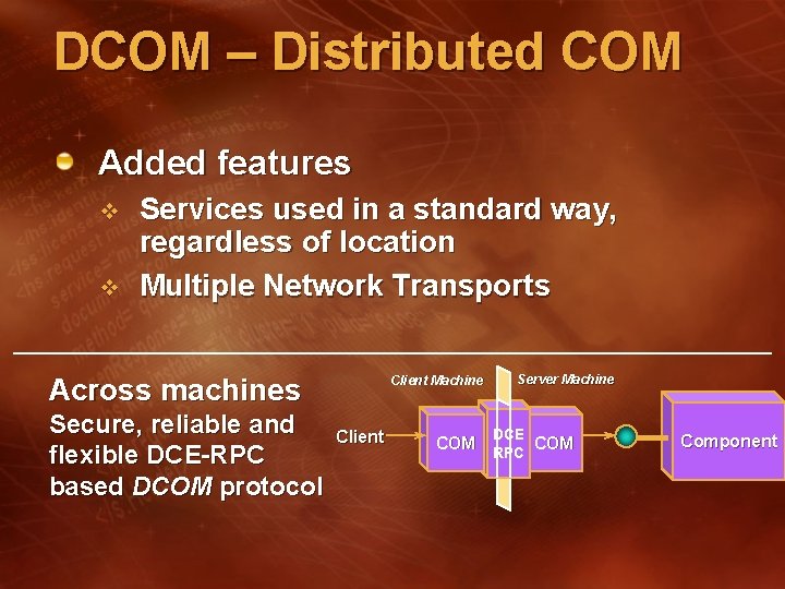 DCOM – Distributed COM Added features v v Services used in a standard way, DCOM – Distributed COM Added features v v Services used in a standard way,