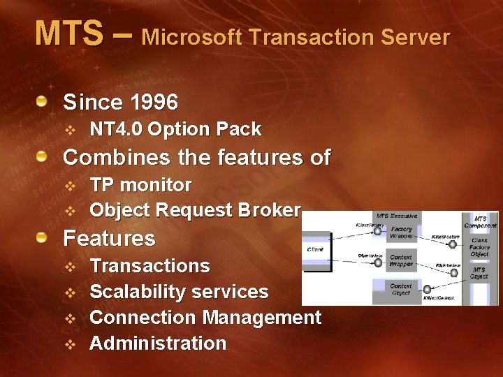 MTS – Microsoft Transaction Server Since 1996 v NT 4. 0 Option Pack Combines MTS – Microsoft Transaction Server Since 1996 v NT 4. 0 Option Pack Combines