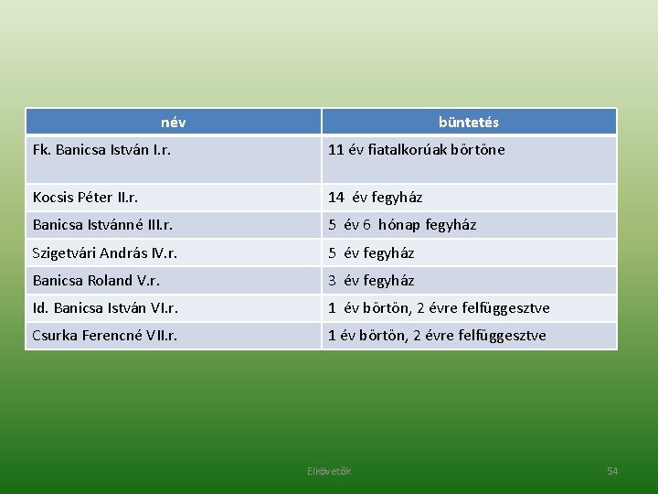 név büntetés Fk. Banicsa István I. r. 11 év fiatalkorúak börtöne Kocsis Péter II.