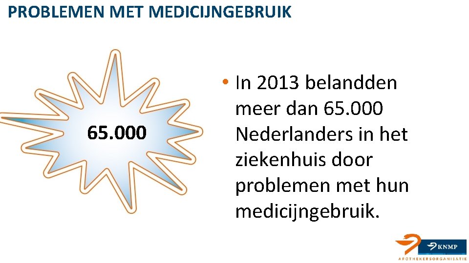 PROBLEMEN MET MEDICIJNGEBRUIK 65. 000 • In 2013 belandden meer dan 65. 000 Nederlanders