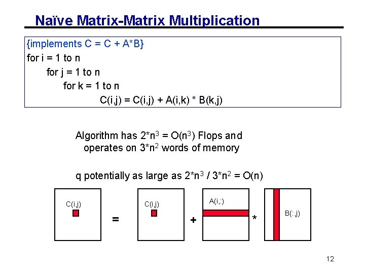 Naïve Matrix-Matrix Multiplication {implements C = C + A*B} for i = 1 to