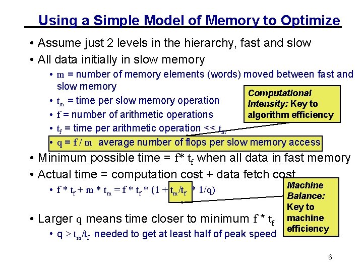 Using a Simple Model of Memory to Optimize • Assume just 2 levels in
