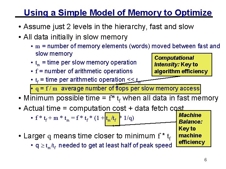 Using a Simple Model of Memory to Optimize • Assume just 2 levels in Using a Simple Model of Memory to Optimize • Assume just 2 levels in