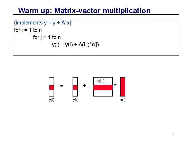 Warm up: Matrix-vector multiplication {implements y = y + A*x} for i = 1