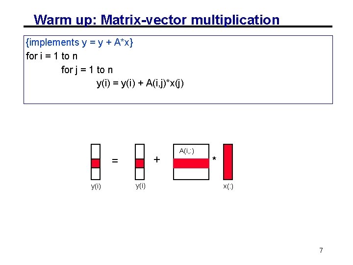 Warm up: Matrix-vector multiplication {implements y = y + A*x} for i = 1 Warm up: Matrix-vector multiplication {implements y = y + A*x} for i = 1
