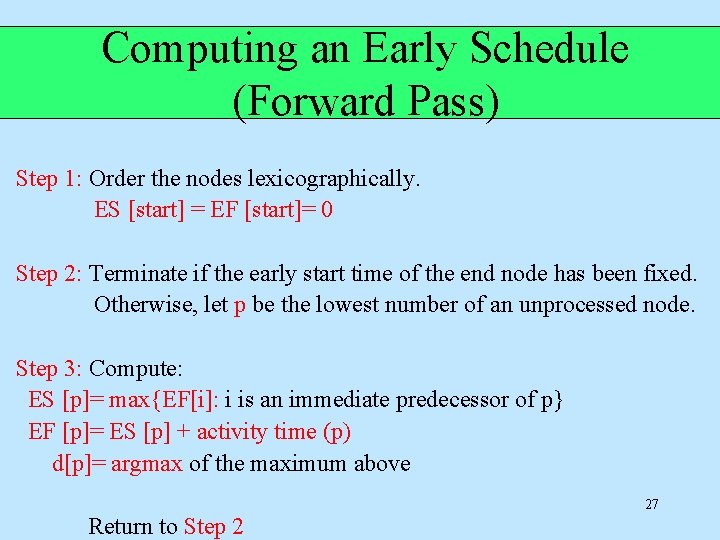 Computing an Early Schedule (Forward Pass) Step 1: Order the nodes lexicographically. ES [start]