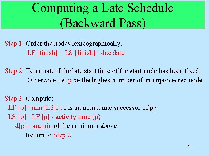 Computing a Late Schedule (Backward Pass) Step 1: Order the nodes lexicographically. LF [finish]
