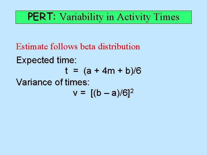 PERT: Variability in Activity Times Estimate follows beta distribution Expected time: t = (a