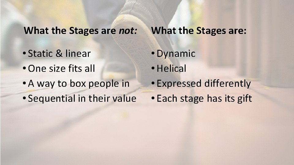 What the Stages are not: What the Stages are: • Static & linear •