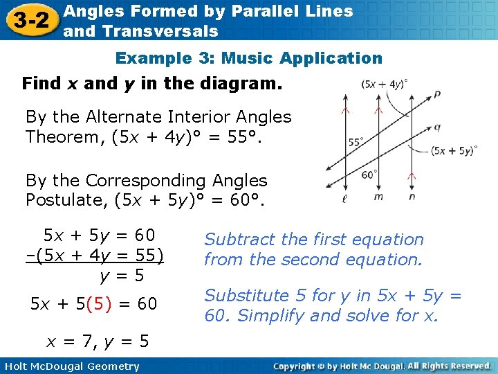 3 -2 Angles Formed by Parallel Lines and Transversals Example 3: Music Application Find