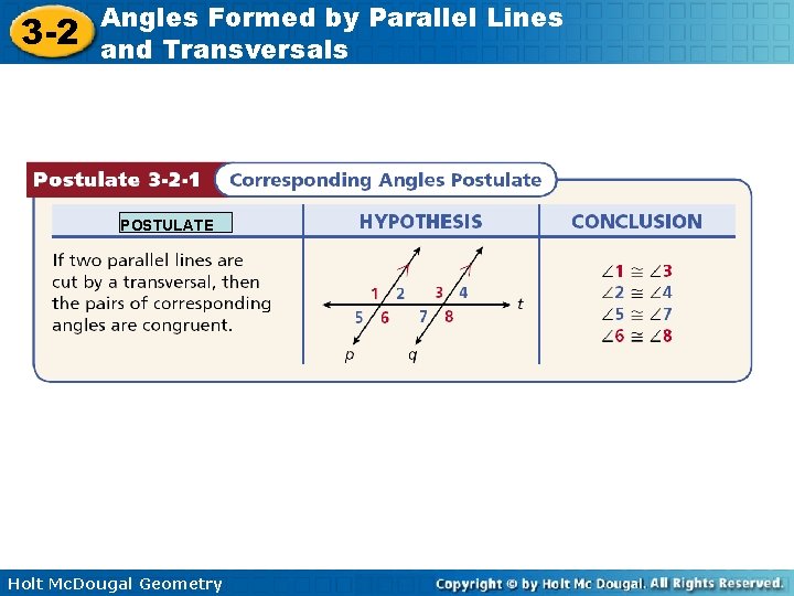 3 -2 Angles Formed by Parallel Lines and Transversals POSTULATE Holt Mc. Dougal Geometry 3 -2 Angles Formed by Parallel Lines and Transversals POSTULATE Holt Mc. Dougal Geometry