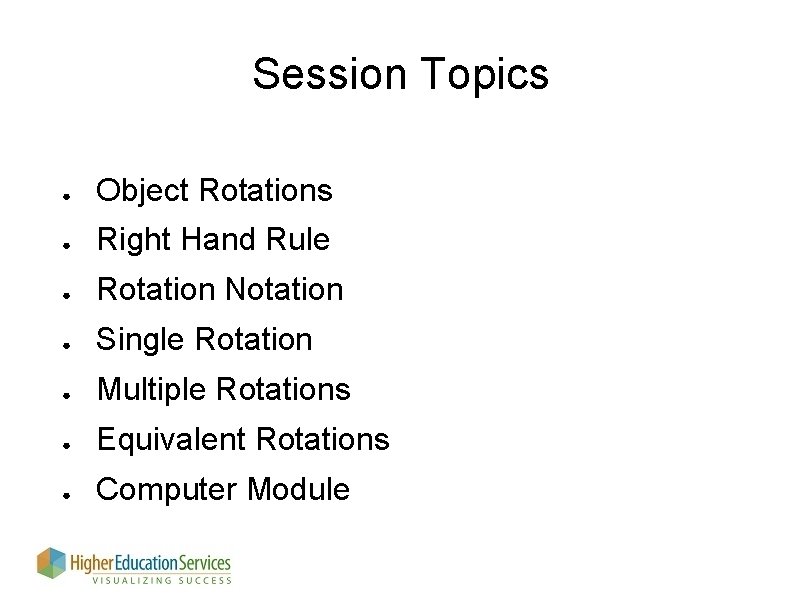 Session Topics ● Object Rotations ● Right Hand Rule ● Rotation Notation ● Single Session Topics ● Object Rotations ● Right Hand Rule ● Rotation Notation ● Single