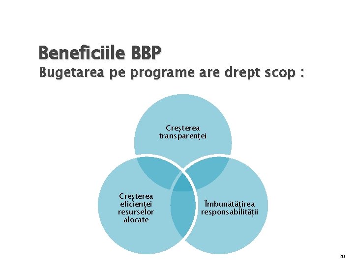 Beneficiile BBP Bugetarea pe programe are drept scop : Creșterea transparenței Creșterea eficienței resurselor