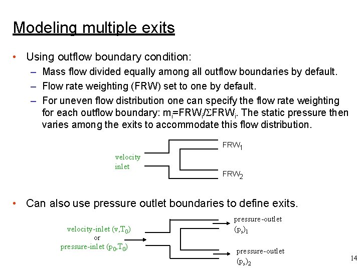 Modeling multiple exits • Using outflow boundary condition: – Mass flow divided equally among