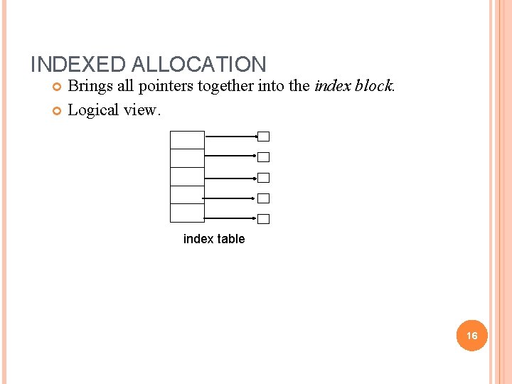 INDEXED ALLOCATION Brings all pointers together into the index block. Logical view. index table