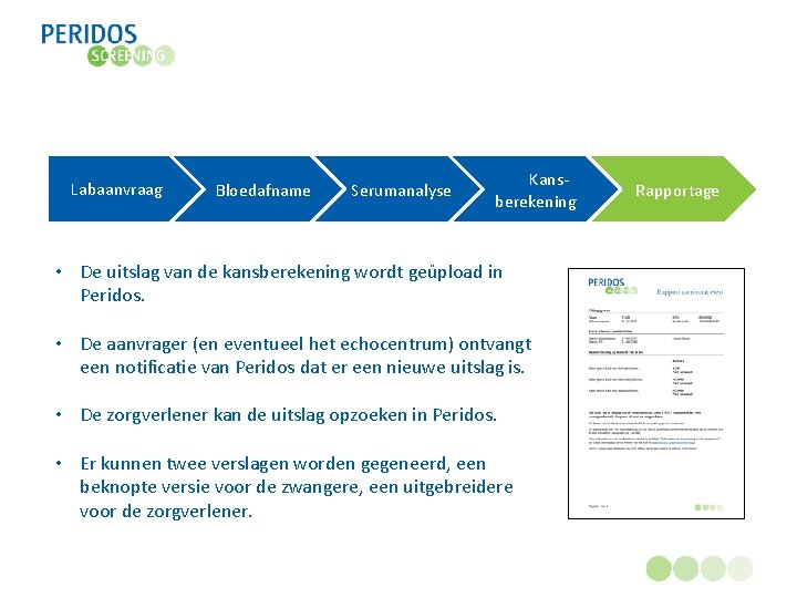 Labaanvraag Bloedafname Serumanalyse Kans- berekening Rapportage • De uitslag van de kansberekening wordt geüpload
