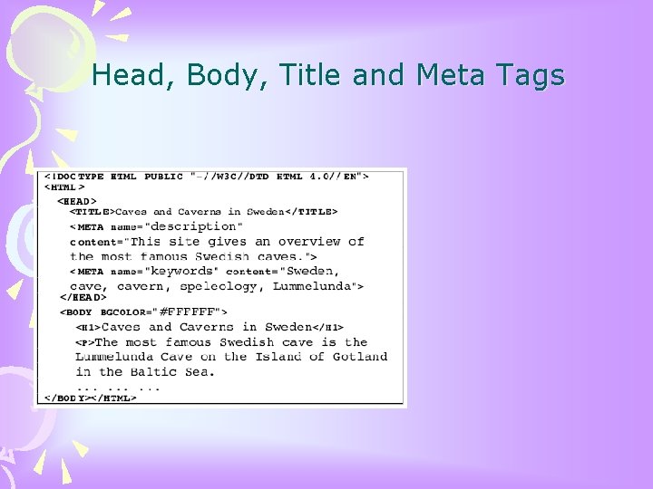 Head, Body, Title and Meta Tags 