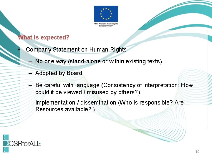 What is expected? • Company Statement on Human Rights – No one way (stand-alone