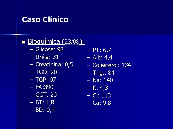 Caso Clínico n Bioquímica (23/08): – – – – – Glicose: 98 Uréia: 31