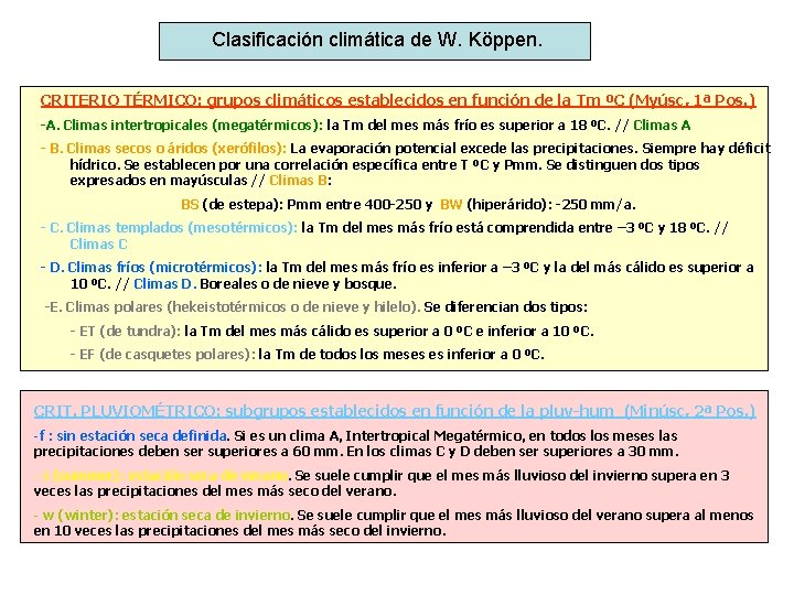 Clasificación climática de W. Köppen. CRITERIO TÉRMICO: grupos climáticos establecidos en función de la