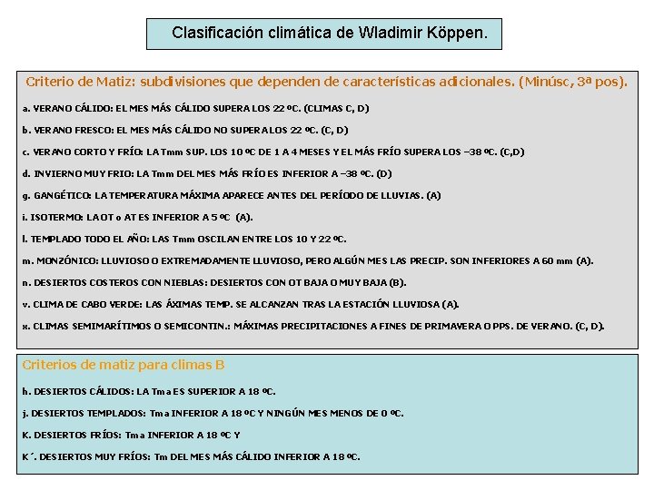 Clasificación climática de Wladimir Köppen. Criterio de Matiz: subdivisiones que dependen de características adicionales.