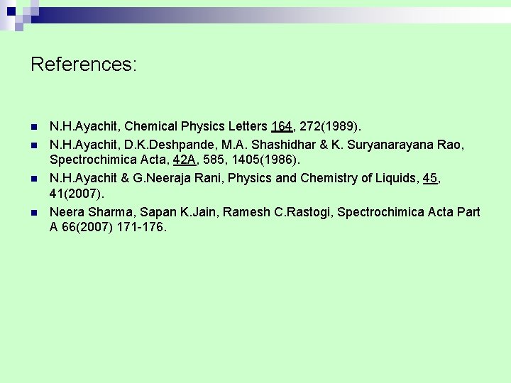 References: n n N. H. Ayachit, Chemical Physics Letters 164, 272(1989). N. H. Ayachit,