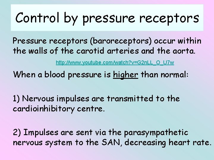 Control by pressure receptors Pressure receptors (baroreceptors) occur within the walls of the carotid