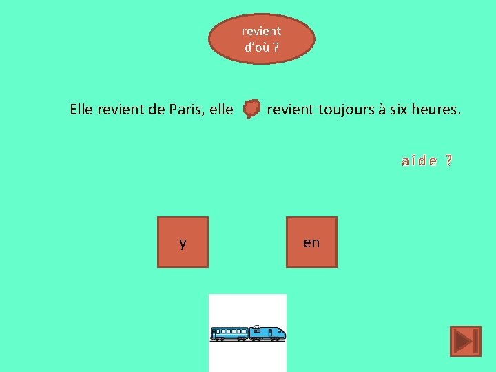 revient d’où ? Elle revient de Paris, elle y revient toujours à six heures.