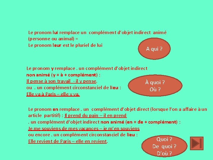 Le pronom lui remplace un complément d’objet indirect animé (personne ou animal) = Le