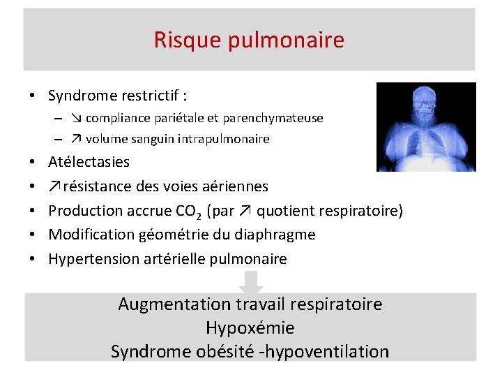 Risque pulmonaire • Syndrome restrictif : restrictif – ↘ compliance pariétale et parenchymateuse –