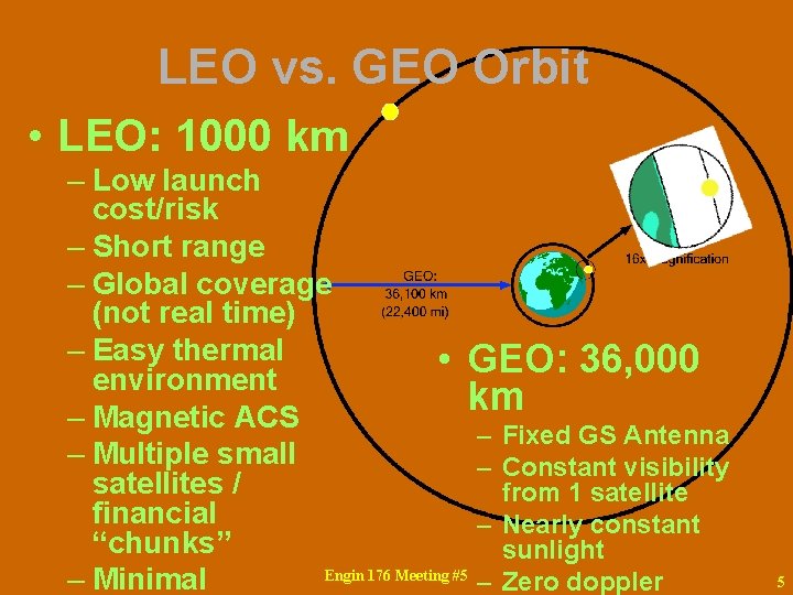 LEO vs. GEO Orbit • LEO: 1000 km – Low launch cost/risk – Short