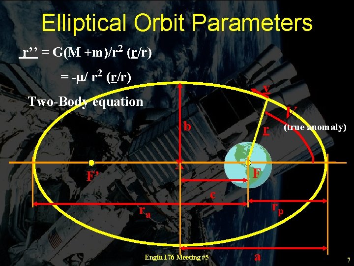 Elliptical Orbit Parameters r’’ = G(M +m)/r 2 (r/r) = -µ/ r 2 (r/r)
