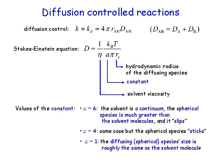 Diffusion controlled reactions diffusion control: Stokes-Einstein equation: hydrodynamic radius of the diffusing species constant