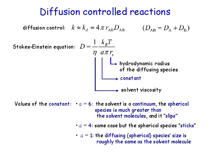 Diffusion controlled reactions diffusion control: Stokes-Einstein equation: hydrodynamic radius of the diffusing species constant