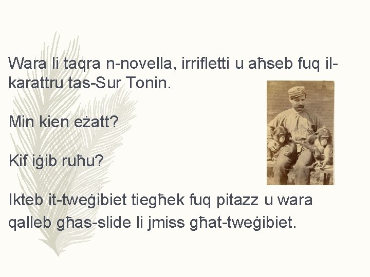 Wara li taqra n-novella, irrifletti u aħseb fuq ilkarattru tas-Sur Tonin. Min kien eżatt?