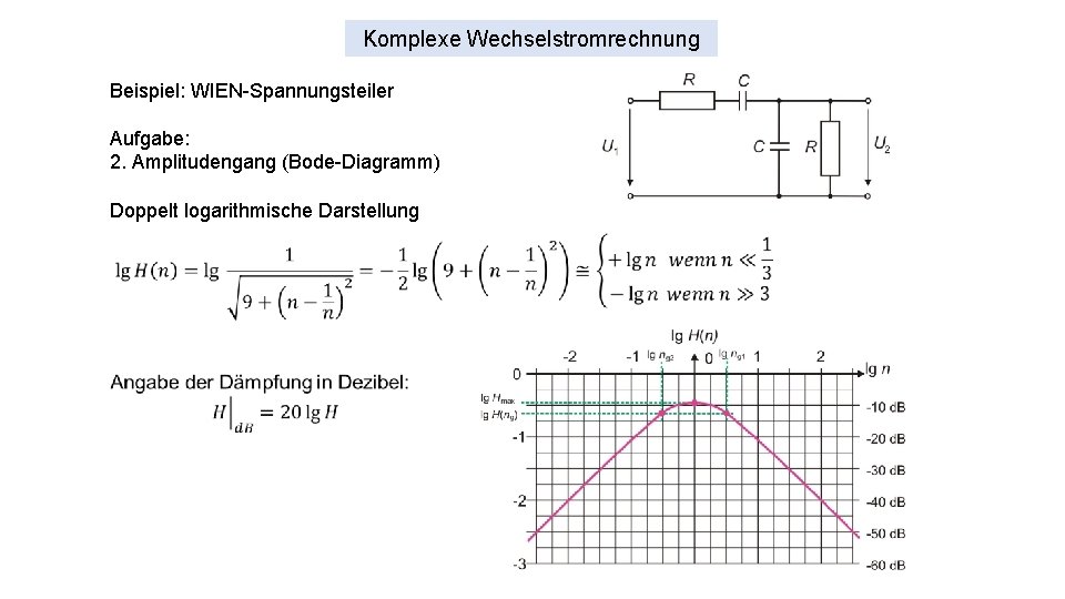 Komplexe Wechselstromrechnung Beispiel: WIEN-Spannungsteiler Aufgabe: 2. Amplitudengang (Bode-Diagramm) Doppelt logarithmische Darstellung 