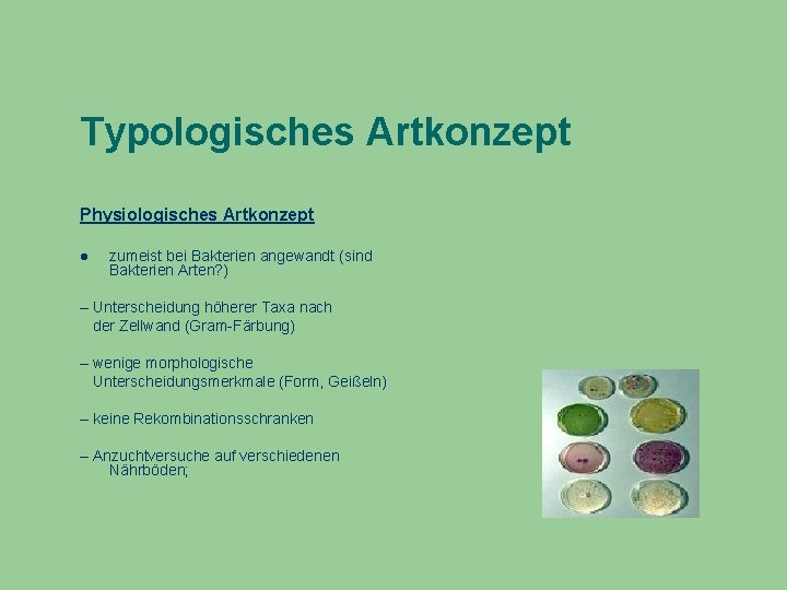 Typologisches Artkonzept Physiologisches Artkonzept zumeist bei Bakterien angewandt (sind Bakterien Arten? ) – Unterscheidung