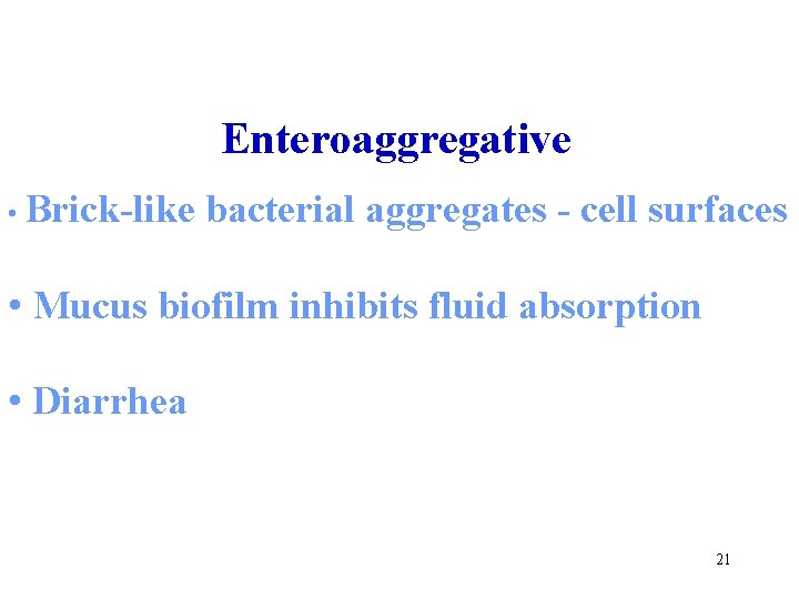 Enteroaggregative • Brick-like bacterial aggregates - cell surfaces • Mucus biofilm inhibits fluid absorption